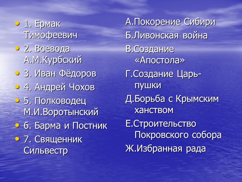1. Ермак Тимофеевич  2. Воевода А.М.Курбский 3. Иван Фёдоров 4. Андрей Чохов 5.